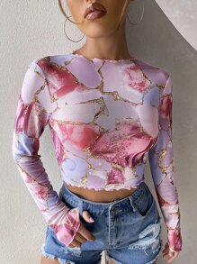 SHEIN EZwear Lettuce Trim Marble Print Mesh Top - Multicolor - View 1