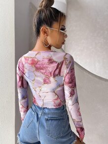 SHEIN EZwear Lettuce Trim Marble Print Mesh Top - Multicolor - View 2