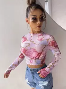 SHEIN EZwear Lettuce Trim Marble Print Mesh Top - Multicolor - View 3