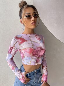 SHEIN EZwear Lettuce Trim Marble Print Mesh Top - Multicolor - View 4