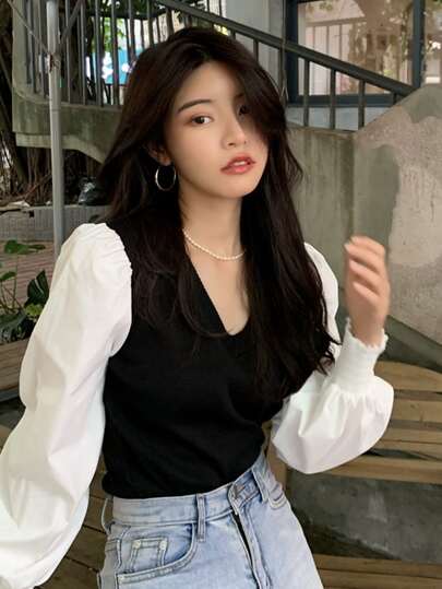 Honeyspot トップス コントラスト パフスリーブ Ｖネック