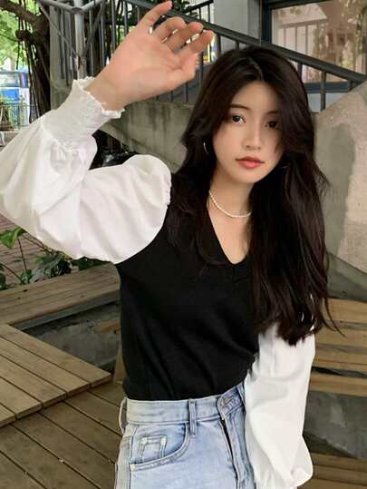 Honeyspot トップス コントラスト パフスリーブ Ｖネック