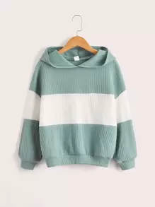 SHEIN Tween Girl Fashionable Hooded Casual Color Block Knit Hoodie