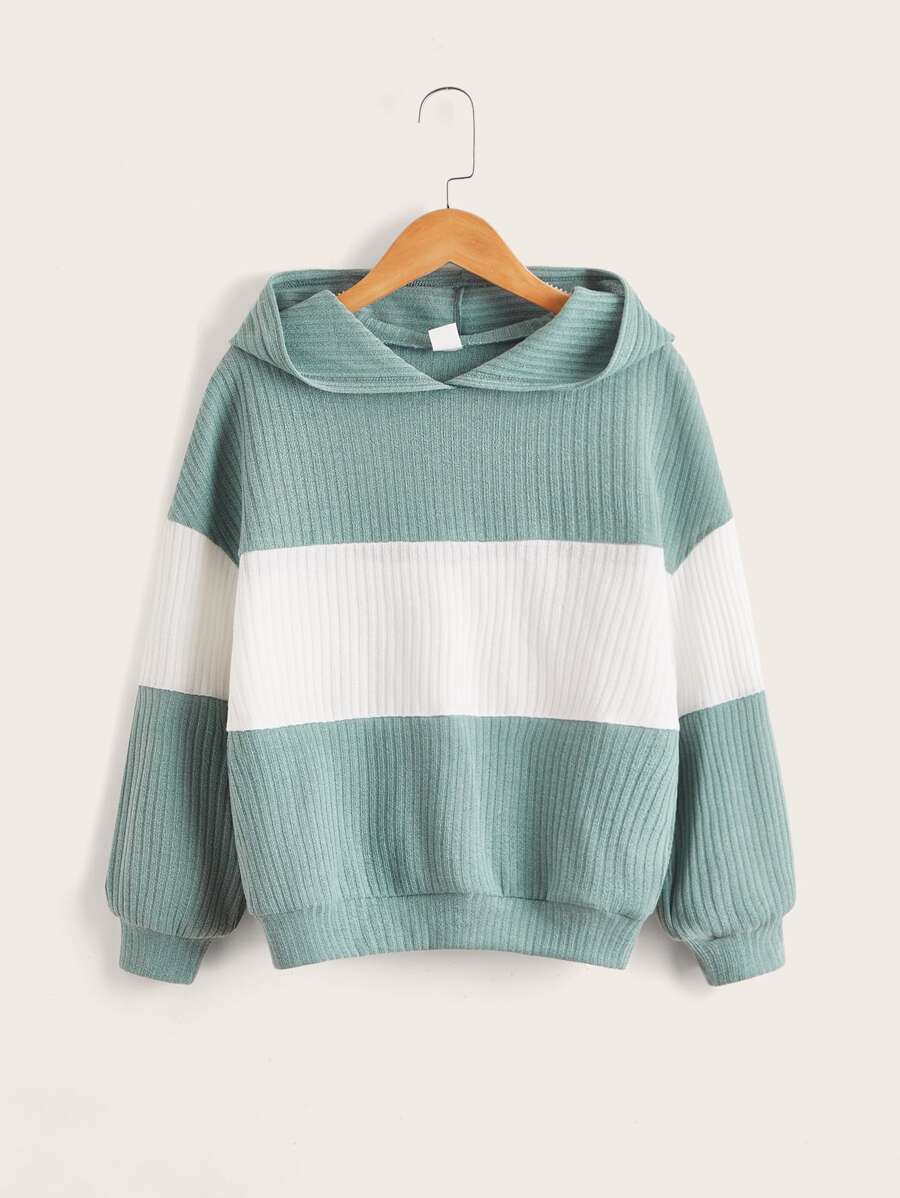 SHEIN Tween Girl Fashionable Hooded Casual Color Block Knit Hoodie