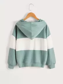 SHEIN Tween Girl Fashionable Hooded Casual Color Block Knit Hoodie