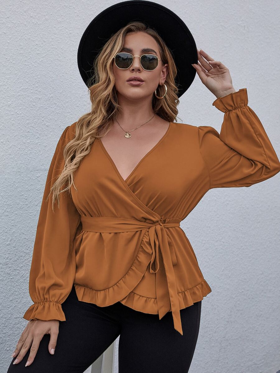 Plus Wrap Frill Trimed Belted Blouse - Ginger - View 1