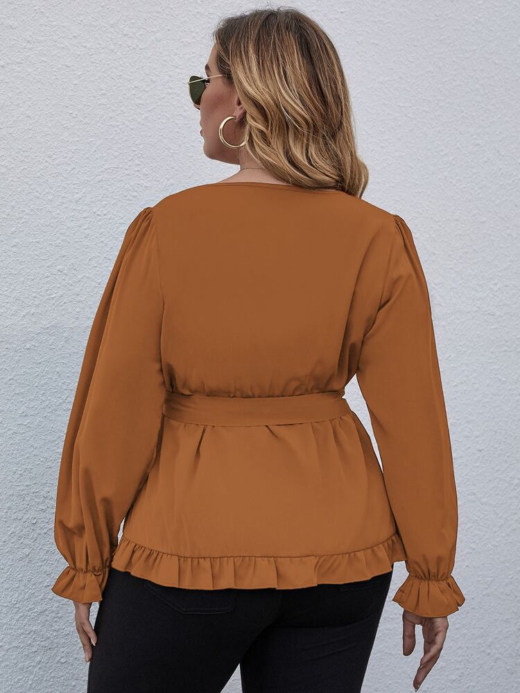 Plus Wrap Frill Trimed Belted Blouse - Ginger - View 2