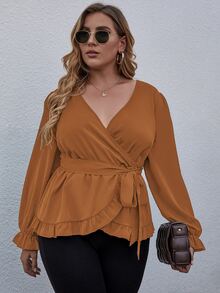 Plus Wrap Frill Trimed Belted Blouse - Ginger - View 3