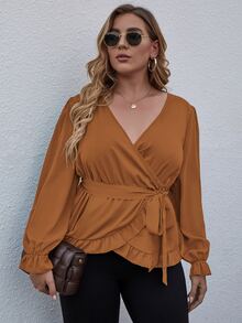 Plus Wrap Frill Trimed Belted Blouse - Ginger - View 4