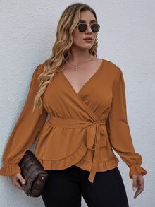 Plus Wrap Frill Trimed Belted Blouse - Ginger - View 5