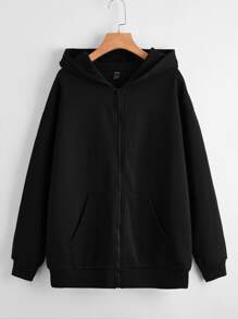 Flirla 大碼素色前拉鏈口袋細節運動衫 - 黑色 - 查看 1