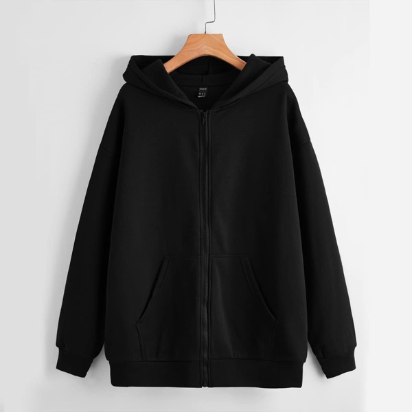 

Plus Solid Zip Front Pocket Detail Sweatshirt, Black