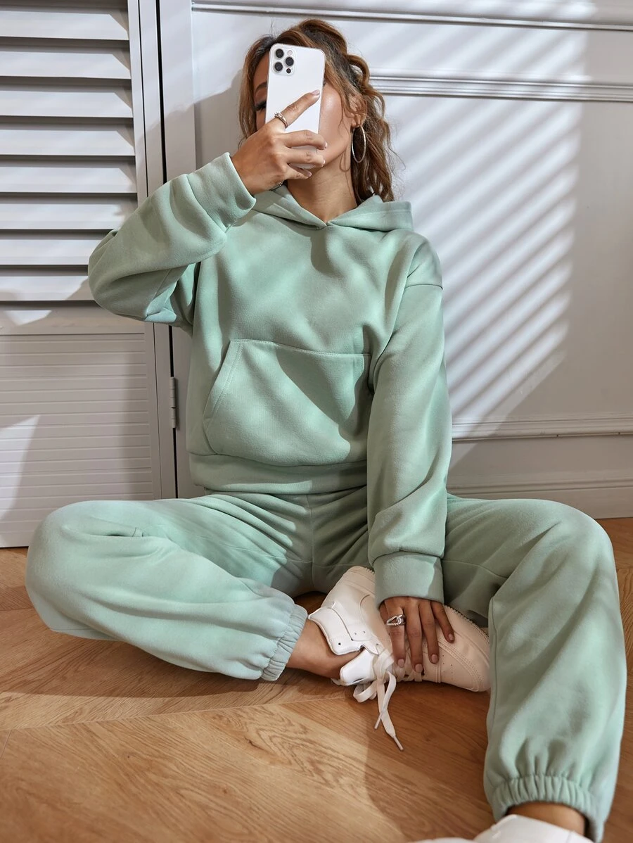 SHEIN Unity Solid Kangaroo Pocket Drop Shoulder Hoodie & Joggers - Mint Green - View 1