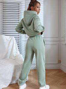 SHEIN Unity Solid Kangaroo Pocket Drop Shoulder Hoodie & Joggers - Mint Green - View 2