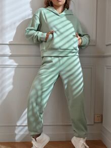 SHEIN Unity Solid Kangaroo Pocket Drop Shoulder Hoodie & Joggers - Mint Green - View 3