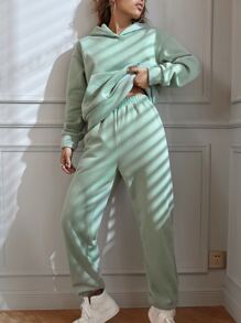 SHEIN Unity Solid Kangaroo Pocket Drop Shoulder Hoodie & Joggers - Mint Green - View 4