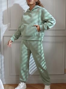 SHEIN Unity Solid Kangaroo Pocket Drop Shoulder Hoodie & Joggers - Mint Green - View 5