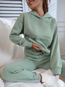 SHEIN Unity Solid Kangaroo Pocket Drop Shoulder Hoodie & Joggers - Mint Green - View 6