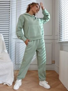 SHEIN Unity Solid Kangaroo Pocket Drop Shoulder Hoodie & Joggers - Mint Green - View 7