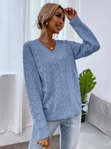 SHEIN LUNE 落肩袖網眼針織套頭毛衣 - 藍色 - 查看 4