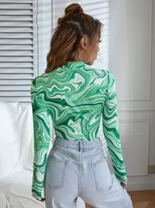 SHEIN Unity 大理石印花立领短款 T 恤图案 T 恤女式上衣 - 綠色 - 查看 2