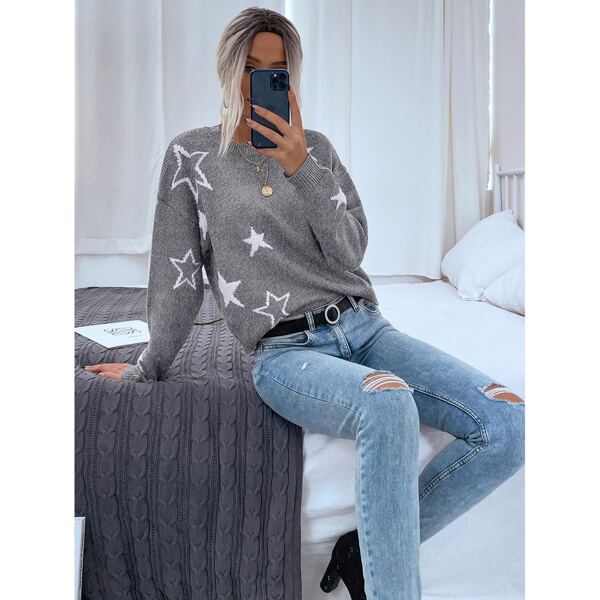 

Drop Shoulder Star Pattern Sweater, Light grey