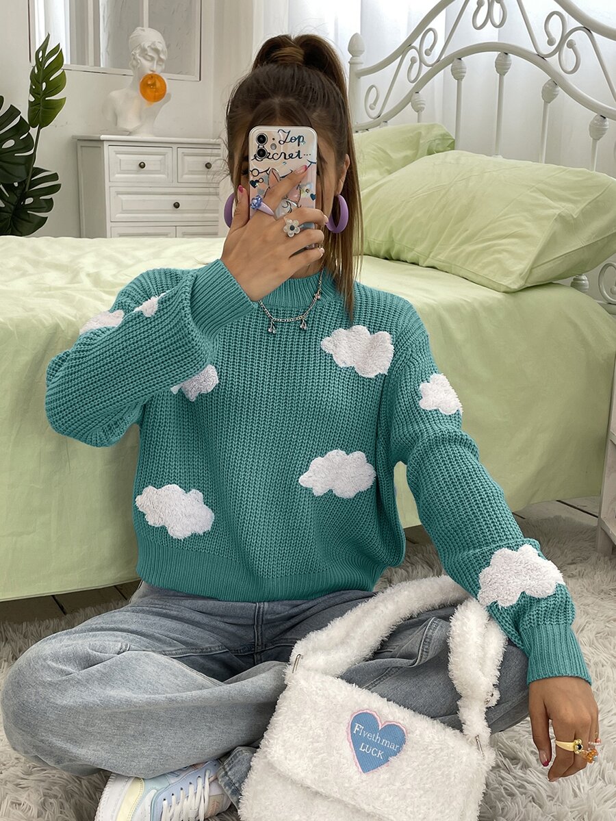 SHEIN Unity Jersey nube con parche de hombros caídos - Azul Cadete - Ver 1