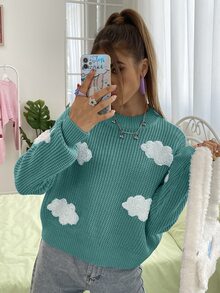 SHEIN Unity Jersey nube con parche de hombros caídos - Azul Cadete - Ver 3