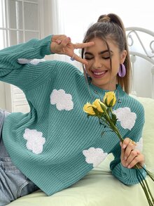 SHEIN Unity Jersey nube con parche de hombros caídos - Azul Cadete - Ver 5