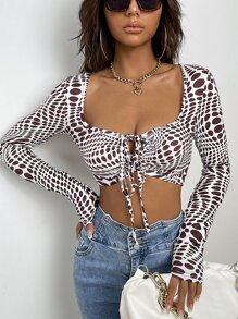 SHEIN Unity Camiseta corta con estampado de lunares con nudo delantero - Multicolor - Ver 6