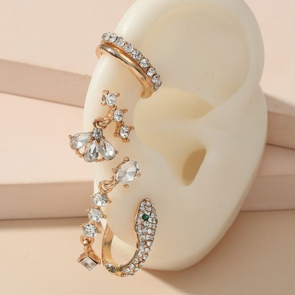 

5pcs Rhinestone Serpentine Decor Earrings, Gold