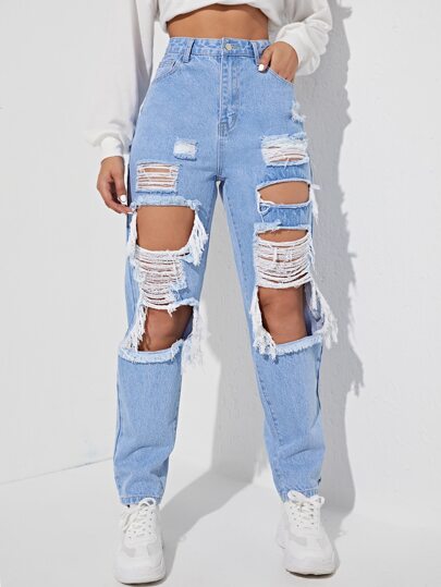 SHEIN EZwear جينز بساق مستقيم قص مجوف ممزق مهتري الحواف