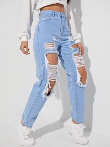SHEIN EZwear Jeans de pierna recta con abertura desgarro crudo - Lavado ligero - Ver 3