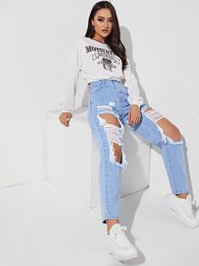 SHEIN EZwear Jeans de pierna recta con abertura desgarro crudo - Lavado ligero - Ver 5