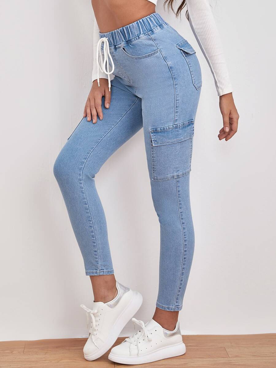 SHEIN Frenchy Drawstring Waist Flap Pocket Jeans - Light Wash - View 1