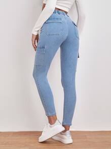 SHEIN Frenchy Drawstring Waist Flap Pocket Jeans - Light Wash - View 2