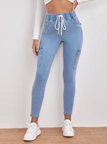 SHEIN Frenchy Drawstring Waist Flap Pocket Jeans - Light Wash - View 3