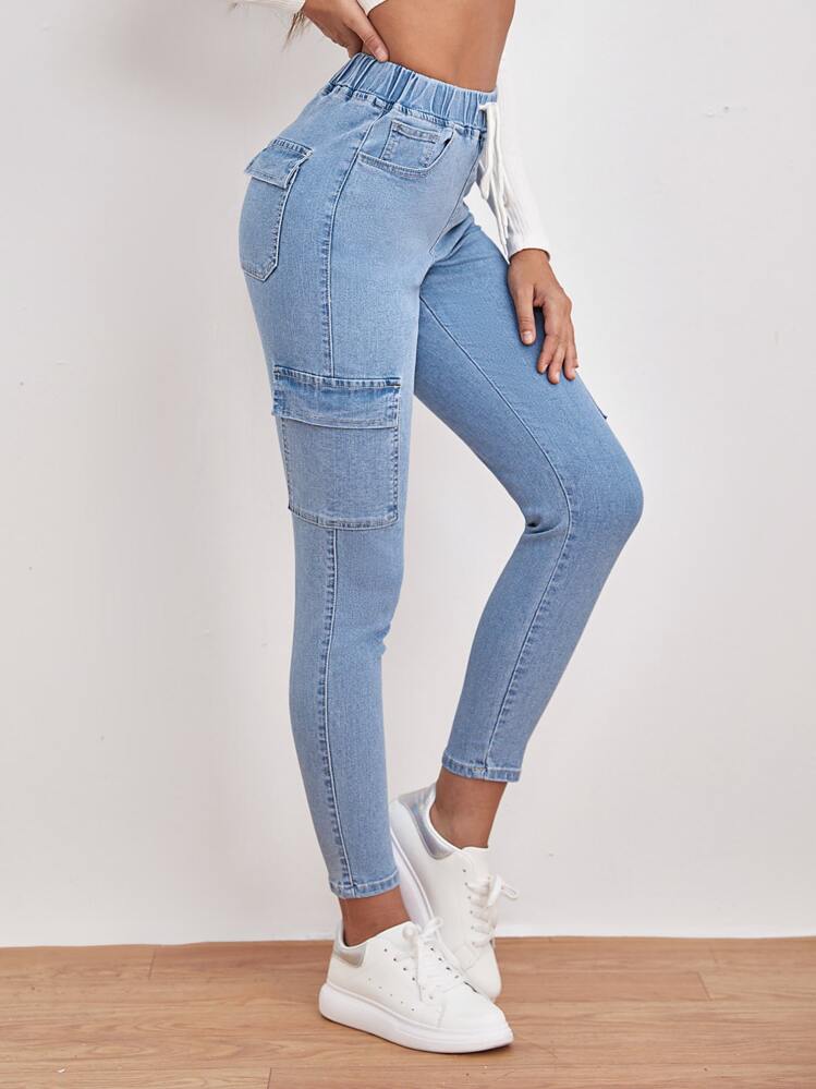 SHEIN Frenchy Jeans de cintura con cordón con bolsillo con solapa - Lavado ligero - Añade 4