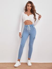 SHEIN Frenchy Drawstring Waist Flap Pocket Jeans - Light Wash - View 5
