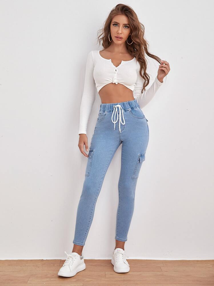 SHEIN Frenchy Jeans de cintura con cordón con bolsillo con solapa - Lavado ligero - Añade 5
