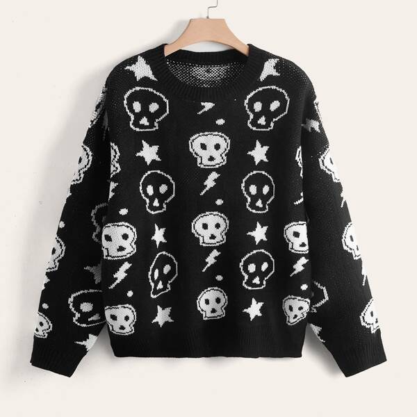 

Plus Star & Skull Pattern Drop Shoulder Sweater, Black and white