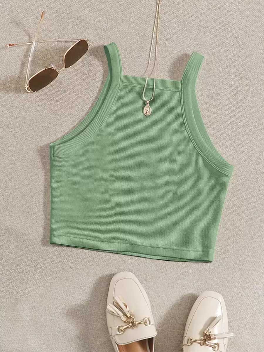 SHEIN EZwear Top Corto Con Tirantes De Punto Acanalado, Adecuado Para El Verano