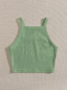 SHEIN EZwear Top Corto Con Tirantes De Punto Acanalado, Adecuado Para El Verano - Verde - Ver 3