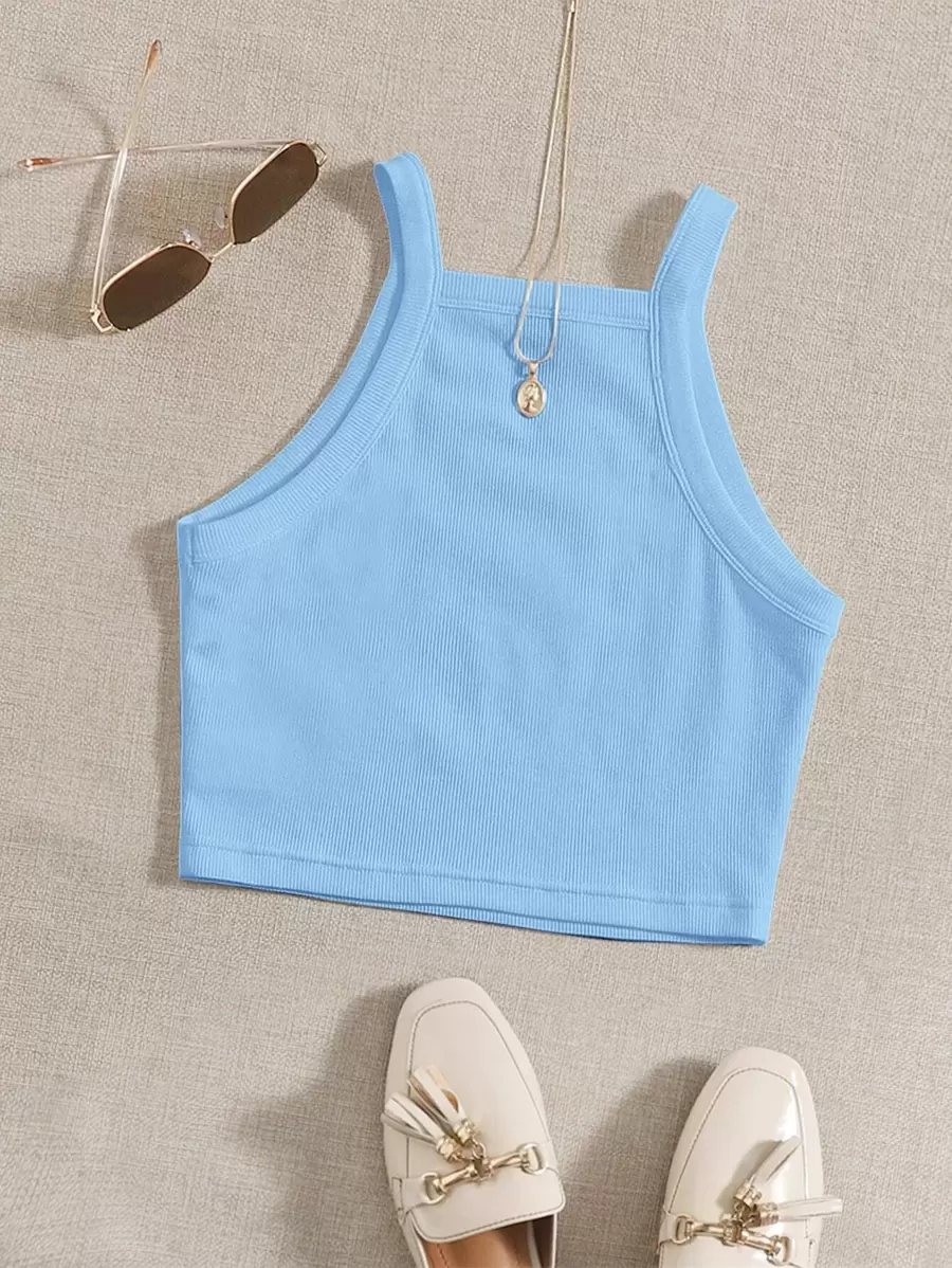 SHEIN EZwear Crop Cami De Punto De Costilla Con Tirantes, Adecuado Para El Verano