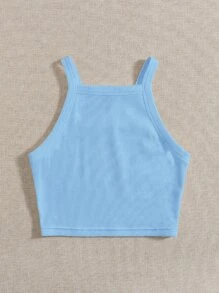 SHEIN EZwear Crop Cami De Punto De Costilla Con Tirantes, Adecuado Para El Verano - Celeste - Ver 3