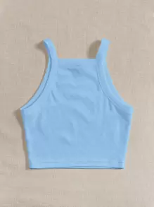 SHEIN EZwear Crop Cami De Punto De Costilla Con Tirantes, Adecuado Para El Verano - Celeste - Ver 4