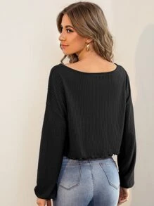SHEIN Essnce Lettuce Trim Drop Shoulder Rib-knit Tee - Black - View 2