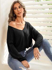 SHEIN Essnce Lettuce Trim Drop Shoulder Rib-knit Tee - Black - View 3