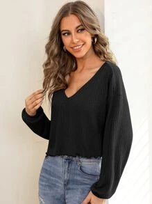 SHEIN Essnce Lettuce Trim Drop Shoulder Rib-knit Tee - Black - View 5