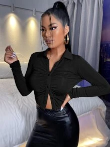 SHEIN SXY Ruched Button Up Crop Tee - Black - View 3